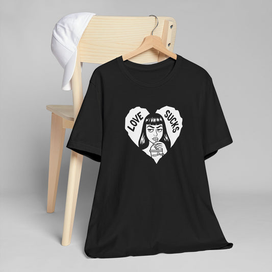 Love Sucks Graphic Tee — Goth Heart Girl Anti-Valentine Short Sleeve T‑Shirt