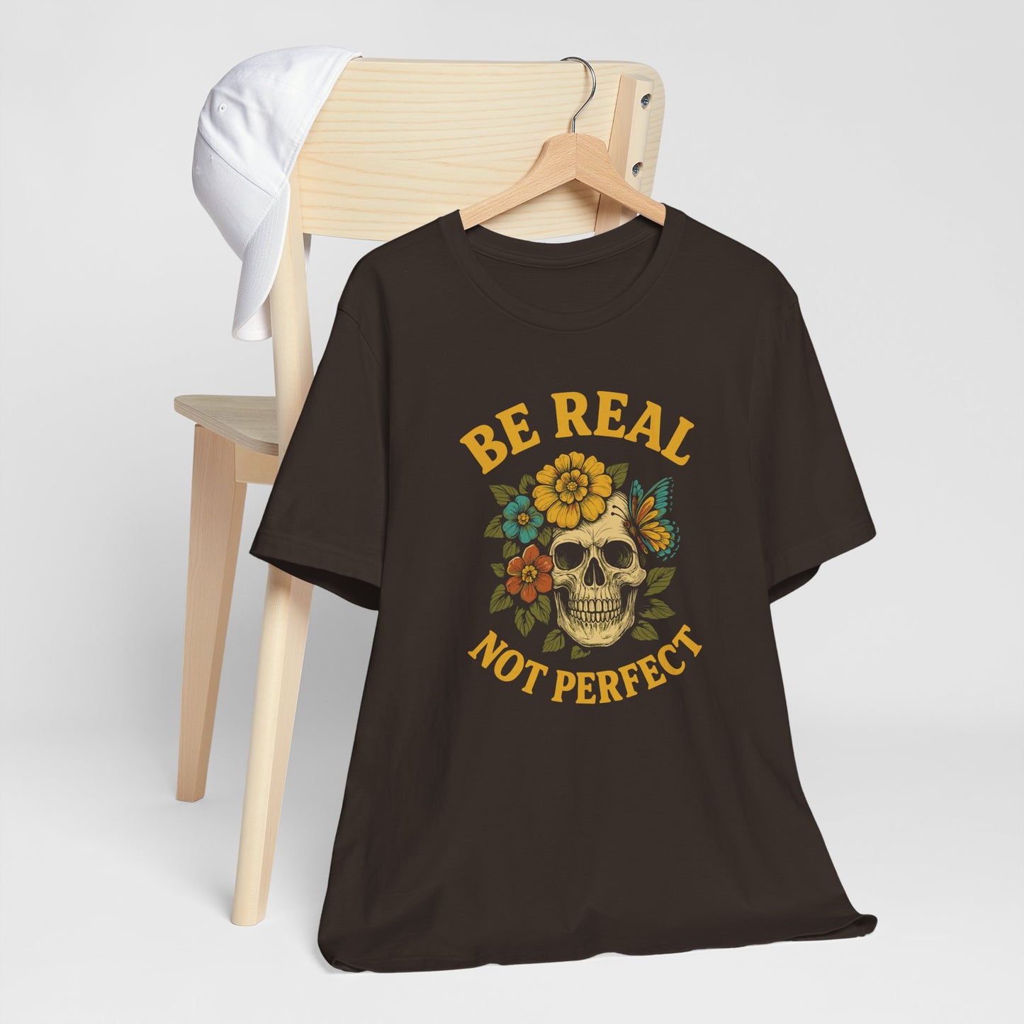 Be Real Not Perfect - Floral Skull Graphic T-Shirt