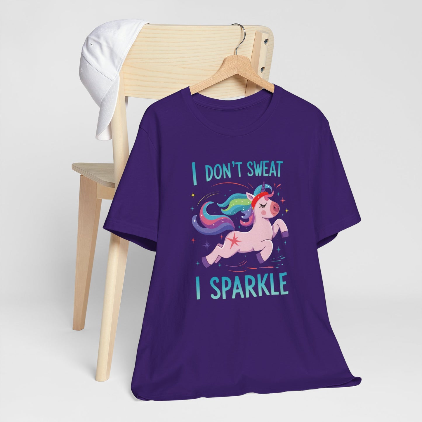 Prancing Witty Unicorn I Don't Sweat I Sparkle Quote Short Sleeve Tee Shirt