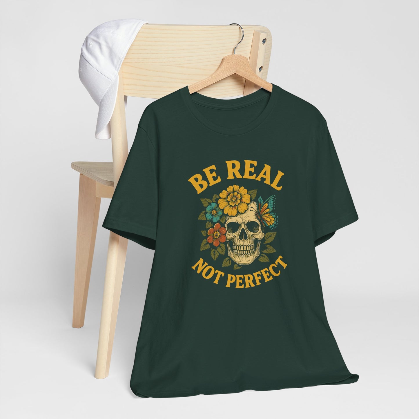 Be Real Not Perfect - Floral Skull Graphic T-Shirt