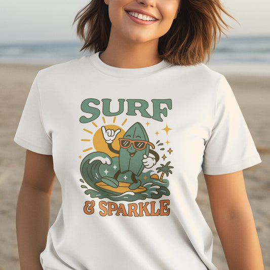 Surf And Sparkle Retro Surfing Tee Shirt