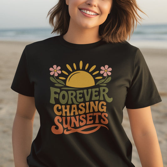 Forever Chasing Sunsets Retro Sun Flowers Sunset Tee Shirt