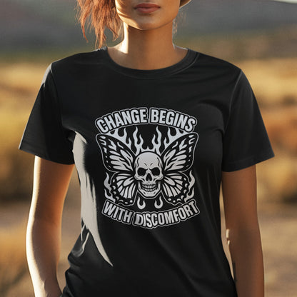 Change Begins With Discomfort Skull And Flame Short Sleeve Tee Shirt
