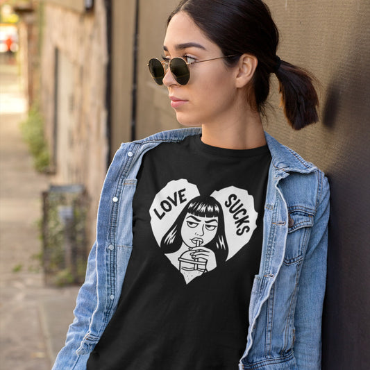Love Sucks Graphic Tee — Goth Heart Girl Anti-Valentine Short Sleeve T‑Shirt