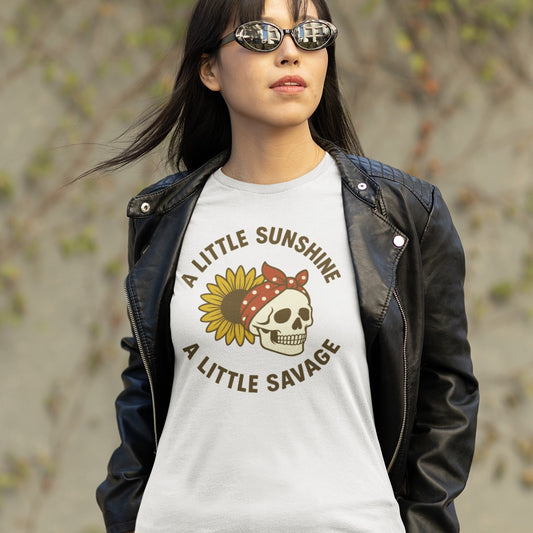 A Little Sunshine A Little Savage Tee Skull & Sunflower Graphic T-Shirt