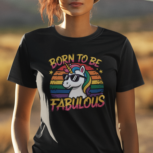 Unicorn Born To Be Fabulous Retro Sunset Short Sleeve Tee Shirt