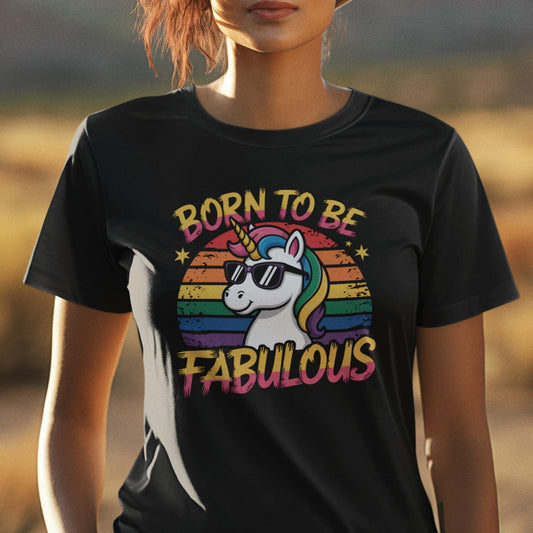 Unicorn Born To Be Fabulous Retro Sunset Short Sleeve Tee Shirt