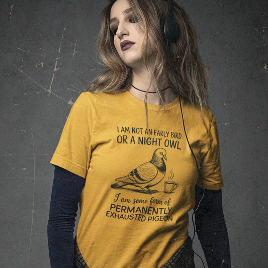 Permanently Exhausted Pigeon T-Shirt – Funny Coffee Bird Tee