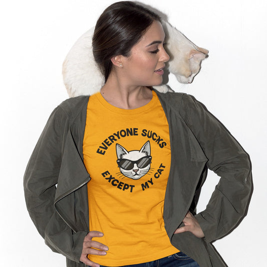 "Everyone Sucks Except My Cat" Funny Unisex Cat Lover Tee With Cool Cat Wearing Sunglasses